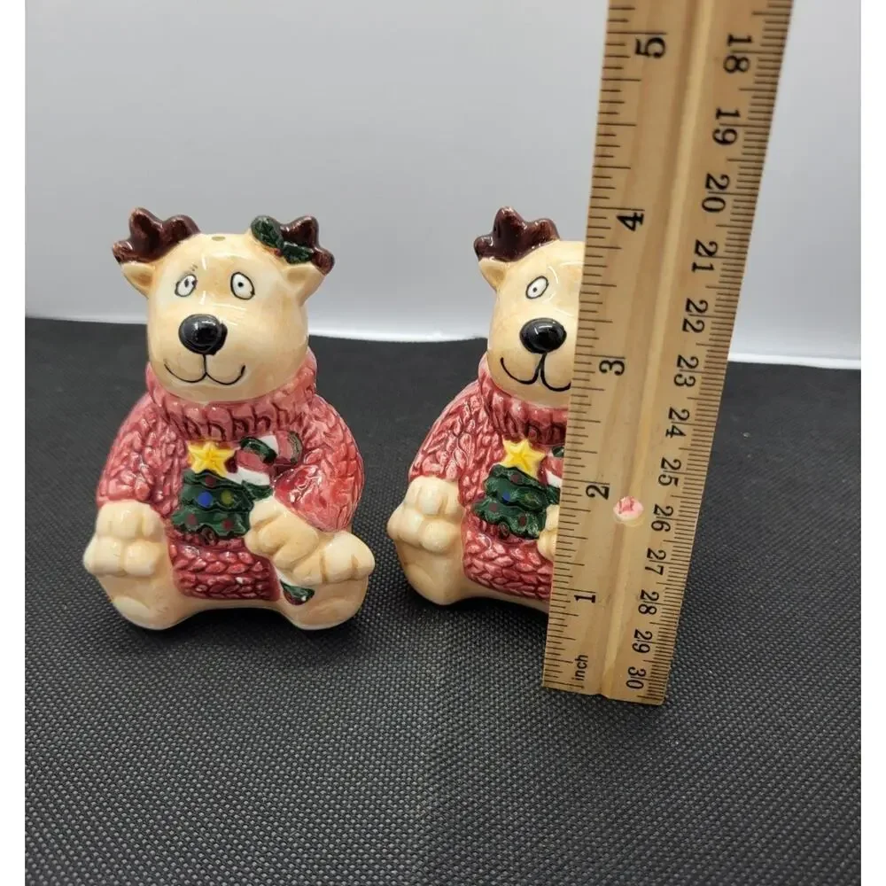 Vintage Christmas Reindeer Salt & Pepper Shakers Ceramic Pink Sweater Set...